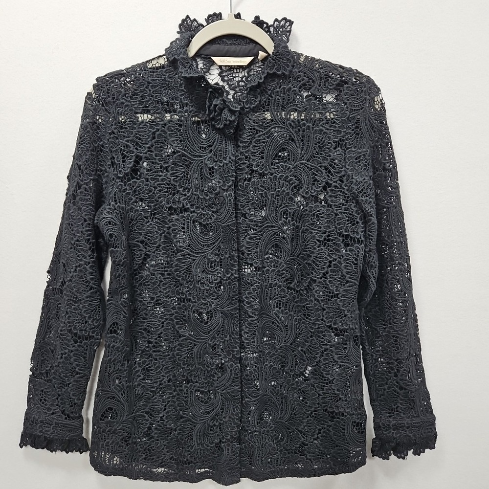 Soft Surroundings Lasalle Womens S Black Lace Sheer Gothic Crochet Button Up Top